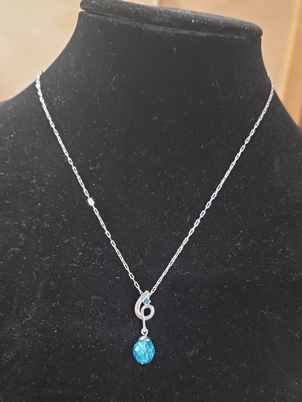 Sterling-Style Silver Necklace with Blue Crystal Pendant